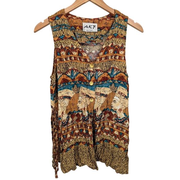 Vtg Nefertiti Egyptian Sleeveless Front Button Blouse Sz S A.K.F. New York Boho - Picture 1 of 6